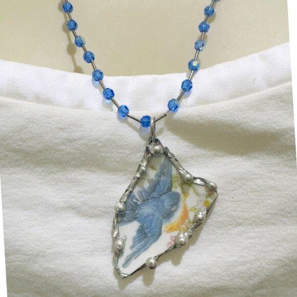 Blue Bird China Homer Laughlin Artisan Pendant Adorned w/ Blue Crystal Necklace - Picture 9 of 17
